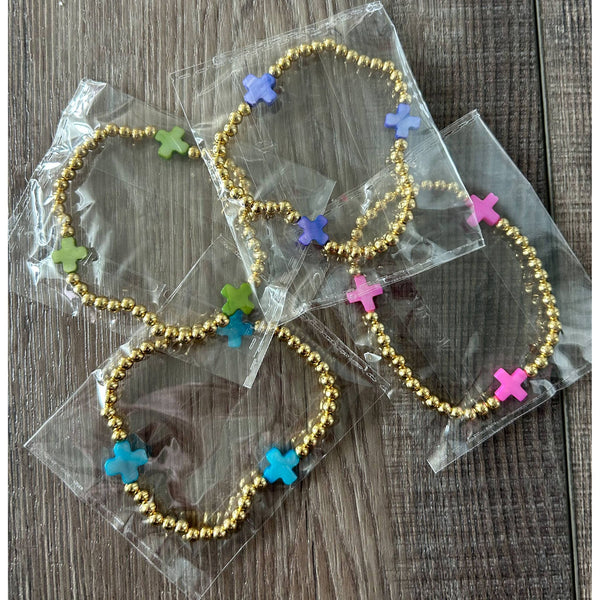 Gold with Colored Cross Beaded Stretch Bracelet