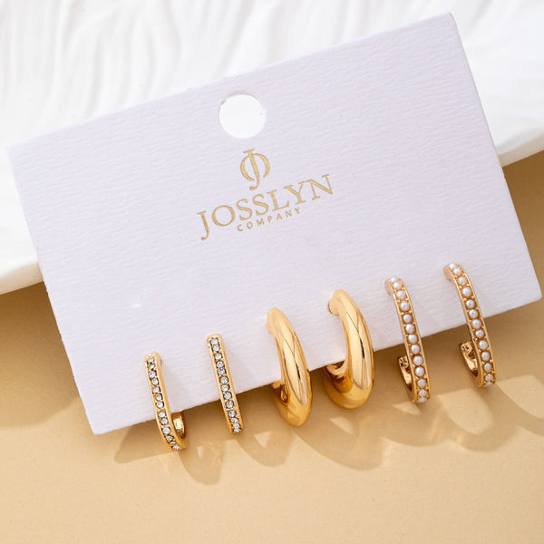 Rhinestone Pearl Huggie Hoop Trio Earrings