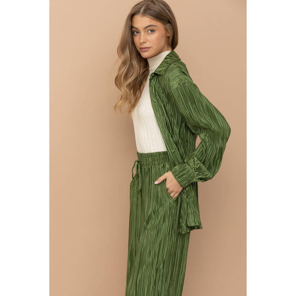 Accordion Pleat Button Blouse Pant Lounge Set