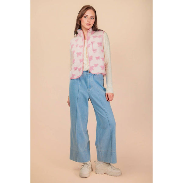 Textured Bow & Floral Printed Vest