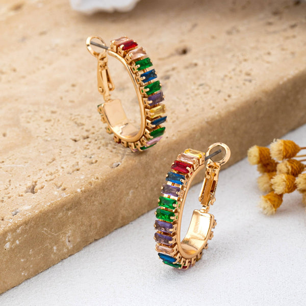 JOSSLYN by wall to wall - Multicolor Baguette Crystal Hoop Earrings | 80E62401