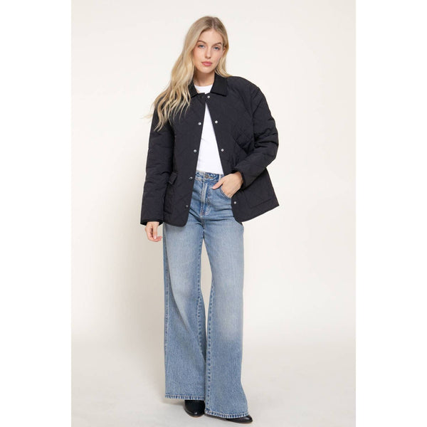 Long Sleeve Lapel Collar Quilted Puffer Jacket