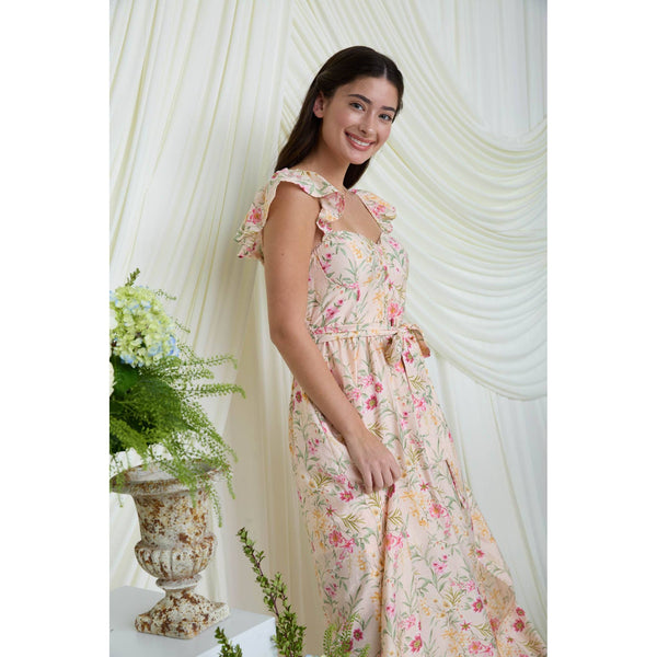 FLORAL WAIST TIE FRONT SLIT SLEEVELESS MIDI DRESS
