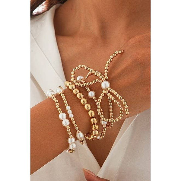 JOSSLYN by wall to wall - MULTI LAYER BALL CHAIN BEAD PEARL BOW BRACELET | 40B5135