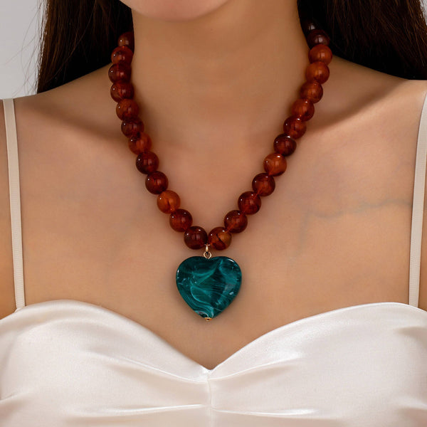 JOSSLYN by wall to wall - Marbled Bead Heart Pendant Statement Necklace | 80N93830