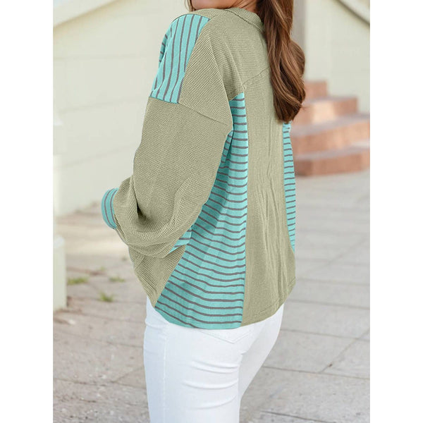 Exposed Seam Waffle Striped Patchwork Baggy Pullover