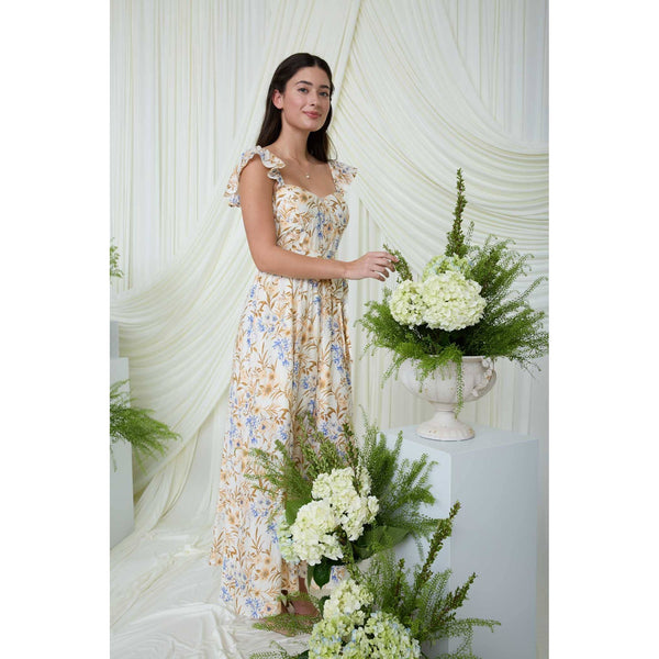 FLORAL WAIST TIE FRONT SLIT SLEEVELESS MIDI DRESS