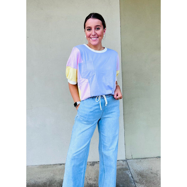 Purple Color Block Half Sleeve Top