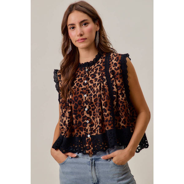 So Me - LEOPARD BUTTON UP PLEATED SLEEVELESS BLOUSE TOP