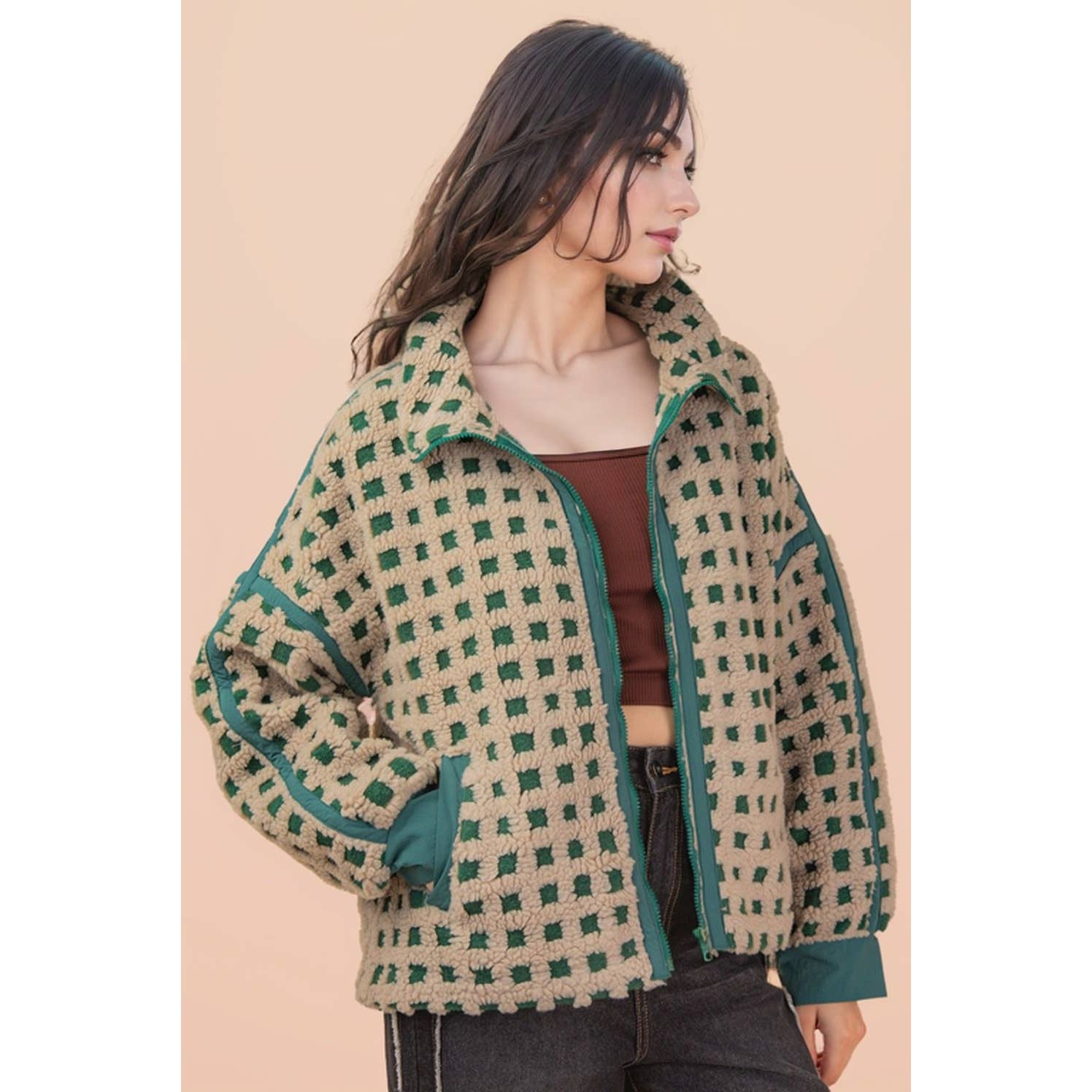 Oversized Checker Fleece Jacket