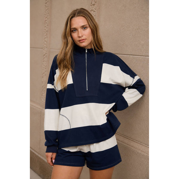 Wide Stripe Half Zip Top With Matching Shorts