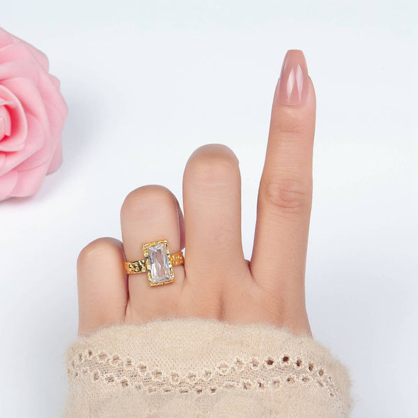 24K Gold Filled Clear CZ Hammered Baguette Band Ring