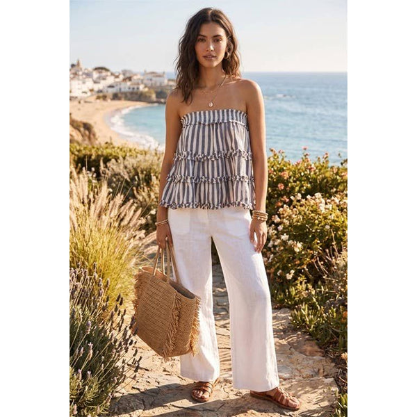 Ruffled Tiered Stripe Strapless Top