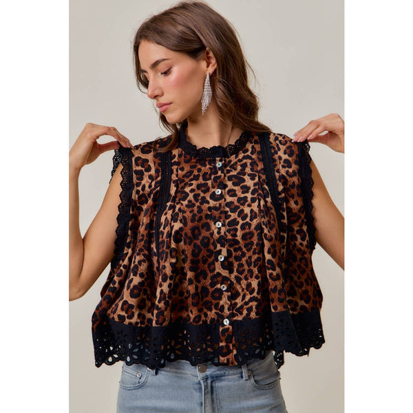 So Me - LEOPARD BUTTON UP PLEATED SLEEVELESS BLOUSE TOP