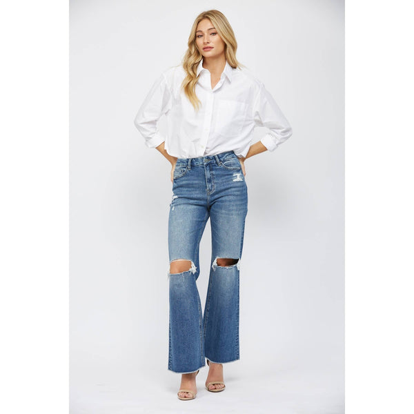 Mica Denim - Super Wide Leg Distressed Jeans