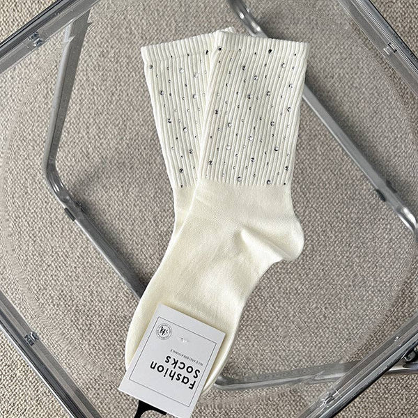 Rhinestone Ribbed Simple Cotton Socks