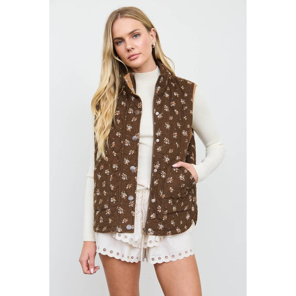 Floral Quilted Zip-Front Mock Neck Vest