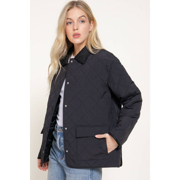 Long Sleeve Lapel Collar Quilted Puffer Jacket