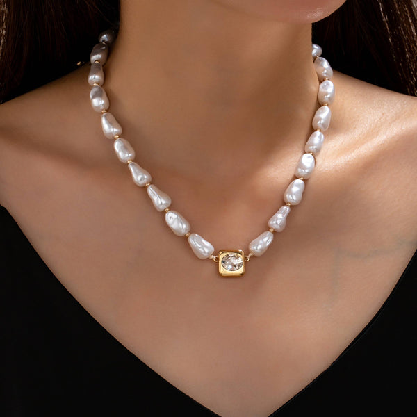JOSSLYN by wall to wall - Faux Baroque Pearl & Bezel-Set Crystal Necklace | 80N93781