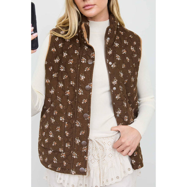 Floral Quilted Zip-Front Mock Neck Vest