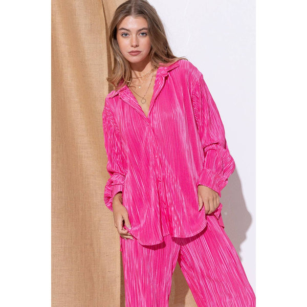Accordion Pleat Button Blouse Pant Lounge Set