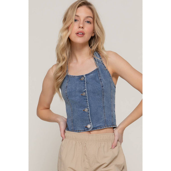 Button Down Stretch Denim Halter Top