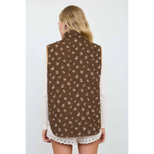 Floral Quilted Zip-Front Mock Neck Vest