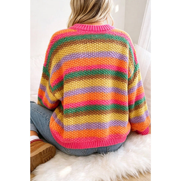 1 the Woman - Rainbow Striped Knit Round Neck Puff Sleeve Sweater