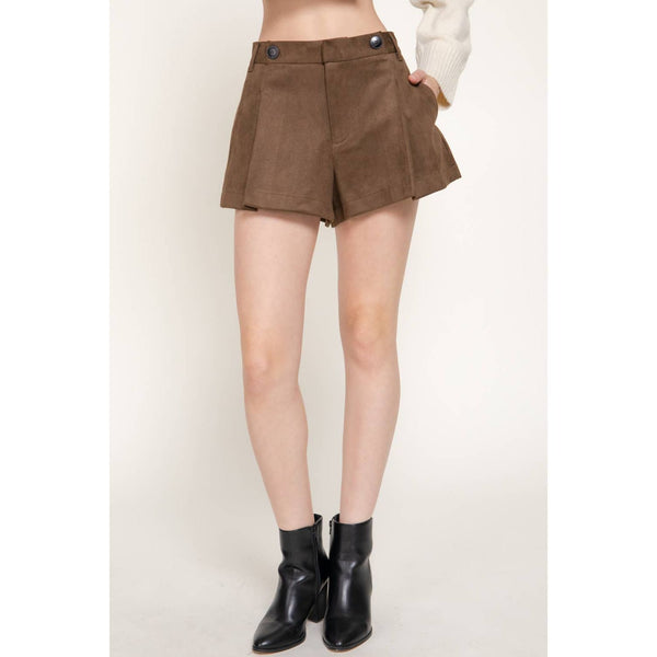 Suede Shorts With Buttons And Pleats - Mocha Brown