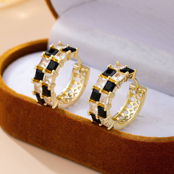 JOSSLYN by wall to wall - Checker Black & Crystal Baguette Hoop Earrings | 80E61892