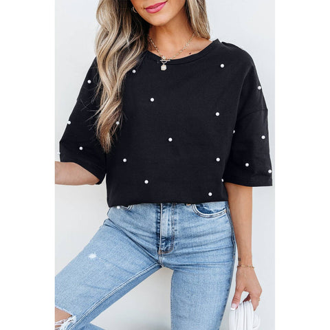 Pearl Beaded Drop Shoulder Crewneck T Shirt