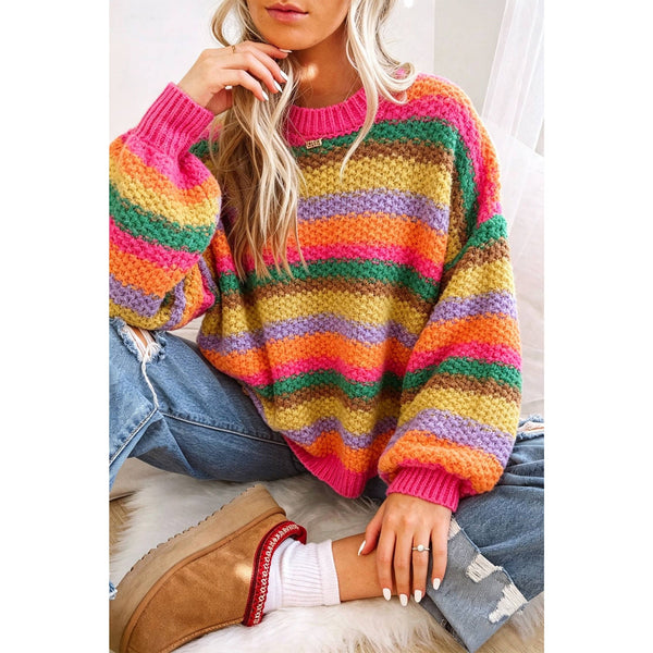 1 the Woman - Rainbow Striped Knit Round Neck Puff Sleeve Sweater
