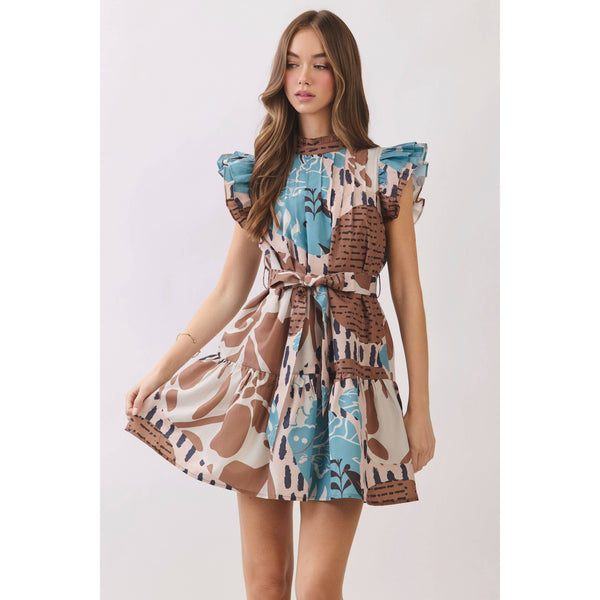 Abstract Print Ruffle Sleeve Mini Dress