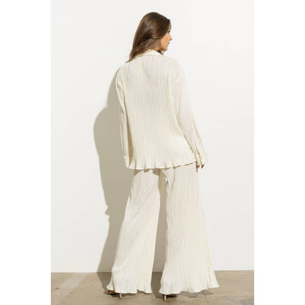 Accordion Pleat Button Blouse Pant Lounge Set