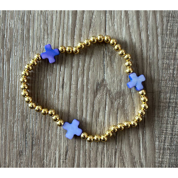 Gold with Colored Cross Beaded Stretch Bracelet