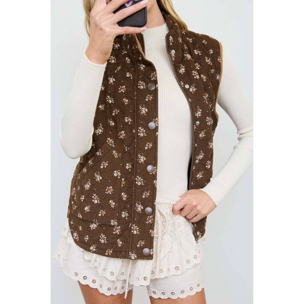Floral Quilted Zip-Front Mock Neck Vest