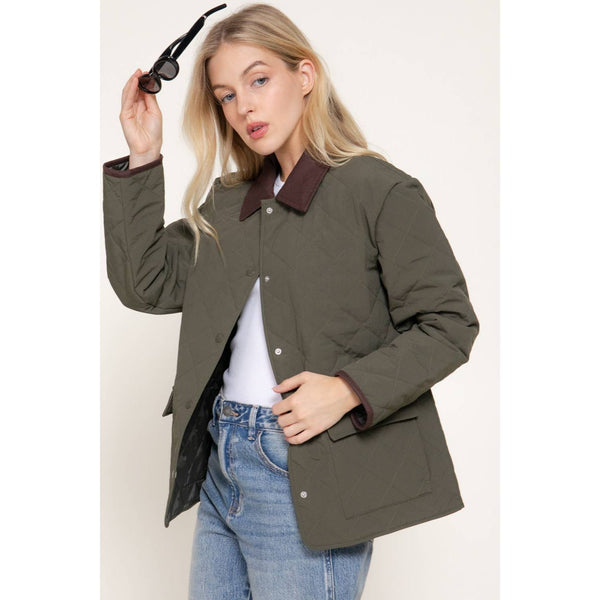 Long Sleeve Lapel Collar Quilted Puffer Jacket