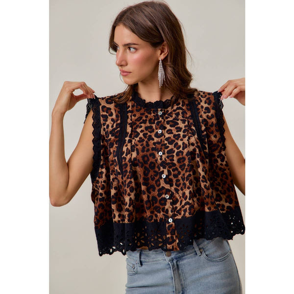 So Me - LEOPARD BUTTON UP PLEATED SLEEVELESS BLOUSE TOP