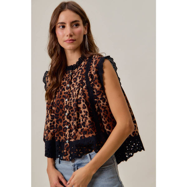 So Me - LEOPARD BUTTON UP PLEATED SLEEVELESS BLOUSE TOP