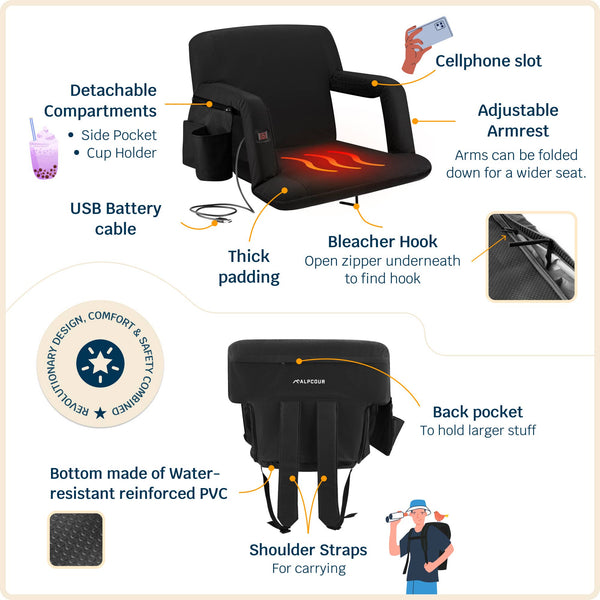 Reclining Heated Stadium Seat with Armrests