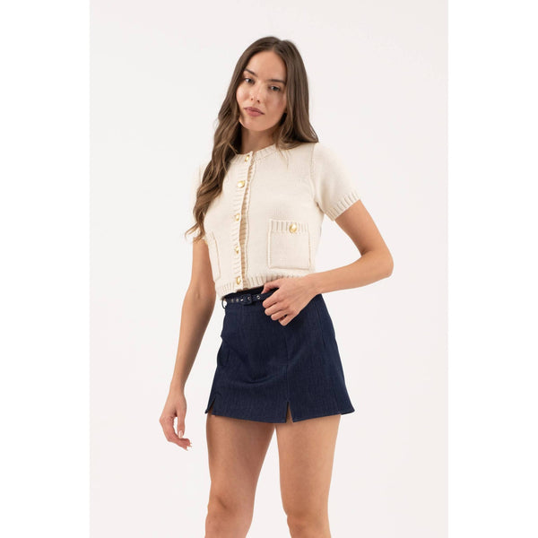 Cream Knit Short Sleeve Sweater with Gold Buttons