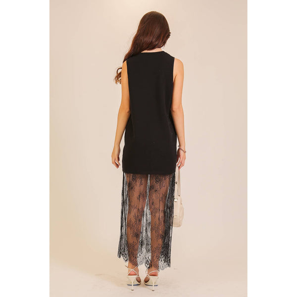 Lumiere - Lace Hem Sleeveless Knit Midi Dress