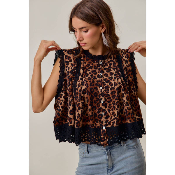 So Me - LEOPARD BUTTON UP PLEATED SLEEVELESS BLOUSE TOP