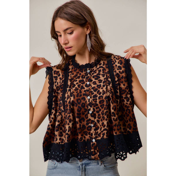 So Me - LEOPARD BUTTON UP PLEATED SLEEVELESS BLOUSE TOP