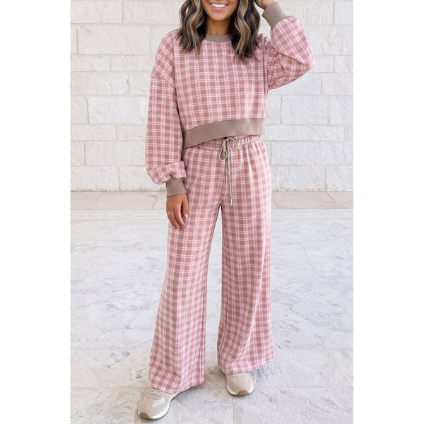 1 the Woman - Plaid Drop Shoulder Top RibbedTrim 2 Pcs Pant Set S-4X
