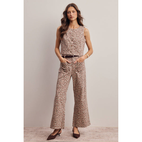 Stretch Leopard Print Denim Pants and Vest Set