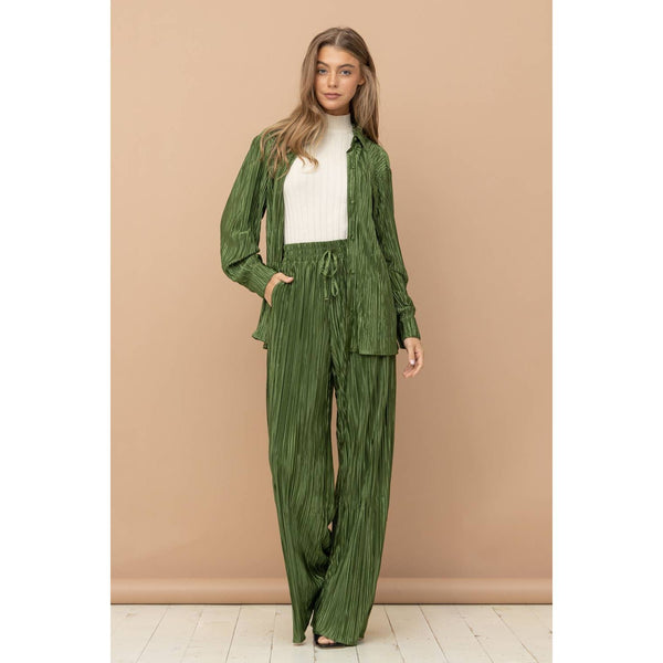 Accordion Pleat Button Blouse Pant Lounge Set