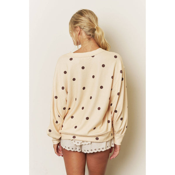 POLKA DOT LONG SLEEVE TEXTURED KNIT TOP - Yellow/Brown