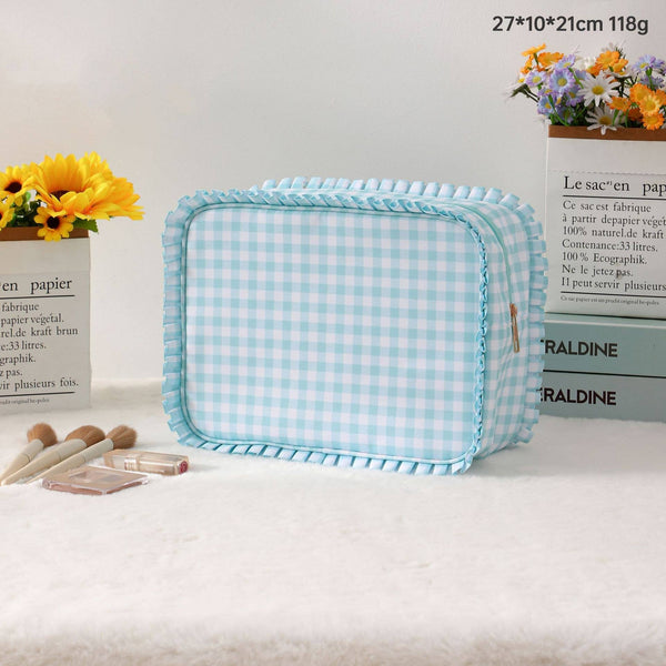 RUFFLE CHECKER STRIPE COSMETIC TRAVEL POUCH BAG