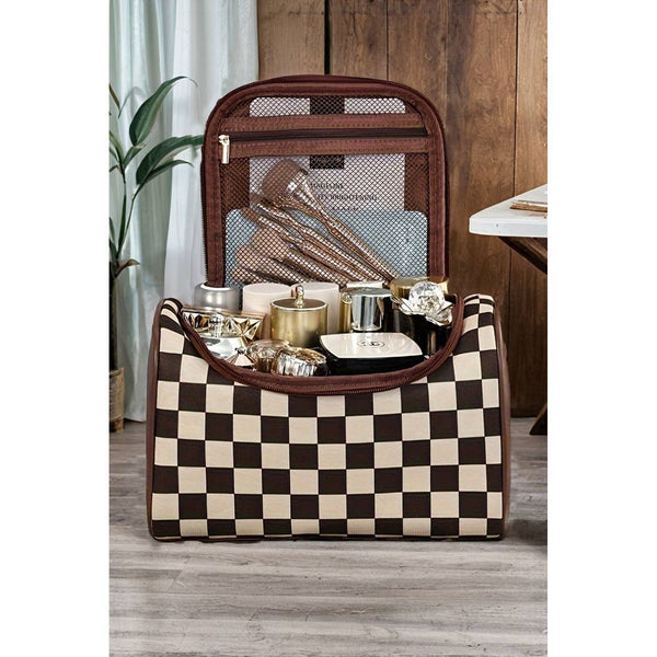 Checkered PU Leather Zipper Makeup Bag